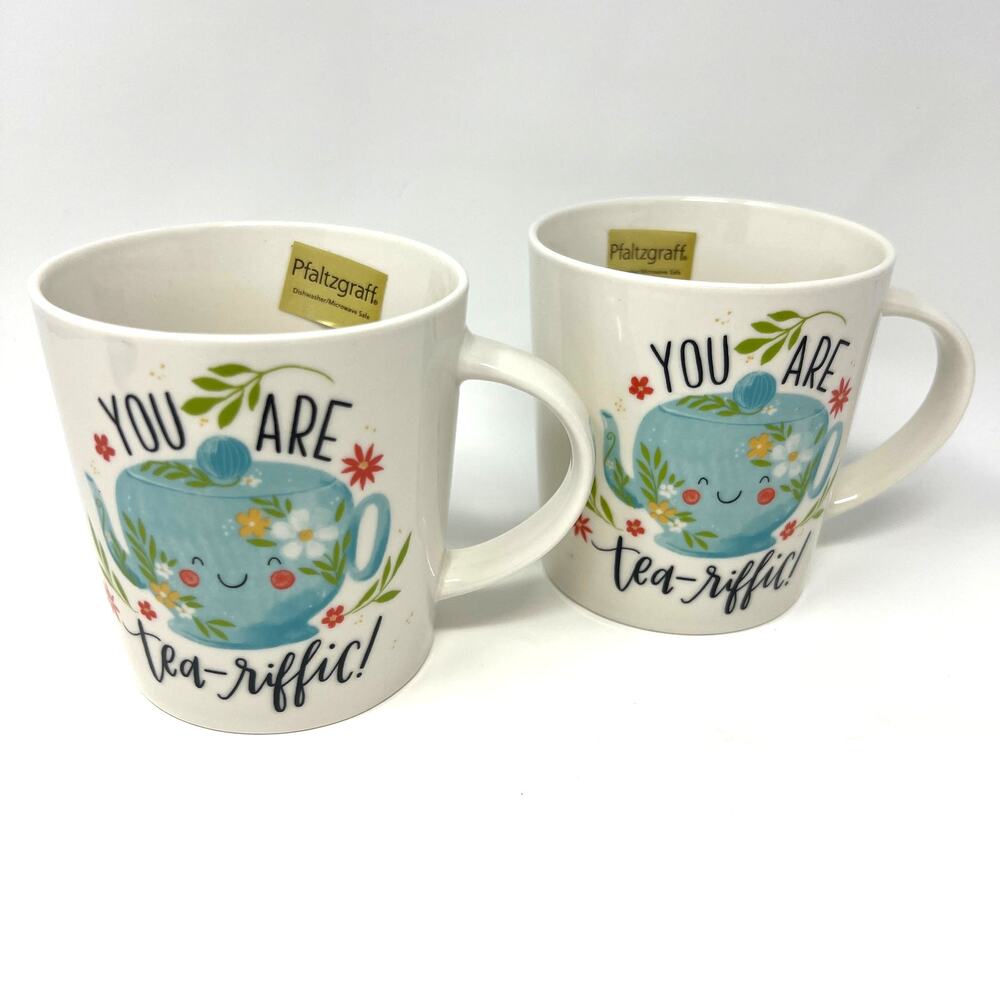 Pflatzgraff Mugs You Are Teariffic Pair of 18oz Porcelain Cups New w/ Tags Gift - Picture 3 of 10